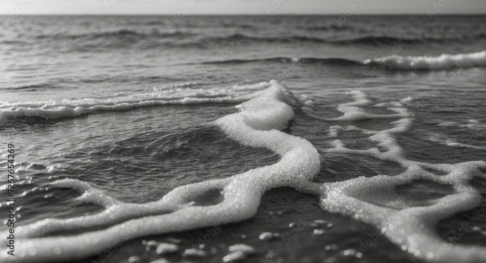 Poster black and white seascape with foam and waves tranquil ocean scene featuring empty space for text or 
