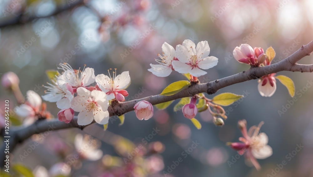 Poster delicate cherry blossom branch with soft focus background and space for text ideal for spring themes