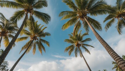 Obraz premium Coconut Palm Trees Against a Blue Sky with Soft Clouds Offering Open Copy Space for Text and Design Elements