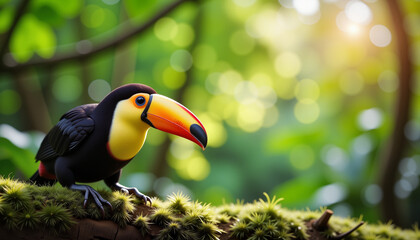 Obraz premium Colorful toucan resting on mossy branch in rainforest, exotic wildlife