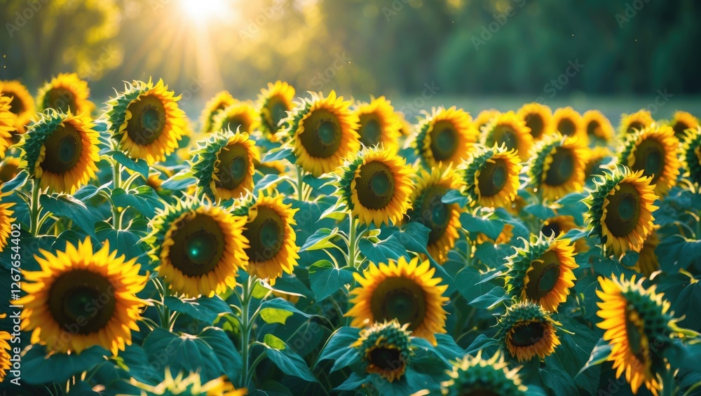 Aufkleber sunlit field of vibrant sunflowers with green foliage and empty space for custom text or message