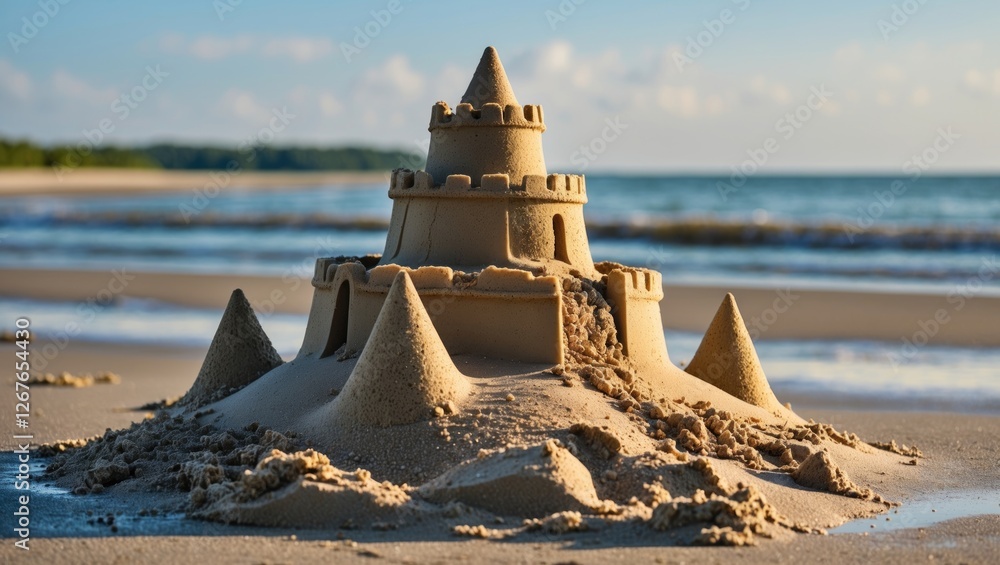 Aufkleber sand castle on a beach with gentle waves and clear sky ideal for summer themes and copy space for te