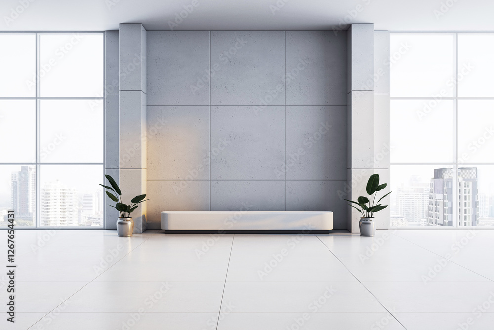 Poster modern commercial lobby with minimalist bench and plants. 3d rendering