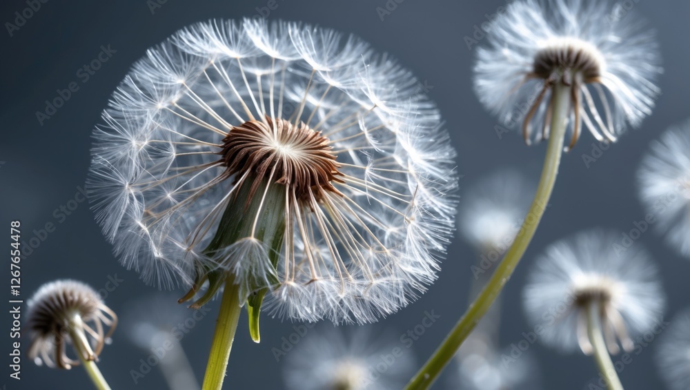 Poster dandelion flower macro with intricate details showcasing seed structures against a blurred backgroun