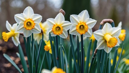 Fototapeta premium Daffodils Blooming Vibrantly in a Spring Garden Showcasing Bright Yellow and White Flowers Surrounded by Lush Green Foliage.