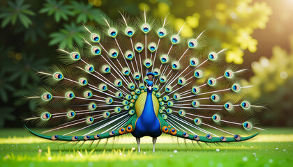 Obraz premium Elegant peacock displaying vibrant plumage in garden, natural beauty
