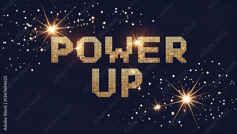 Poster text saying 'power up' created from illuminated squares with sparkling effects on a dark background