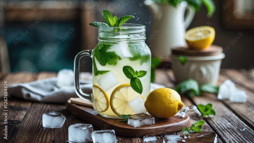 Poster refreshing lemonade with mint and ice in jar on rustic wooden table with slices of lemon and fresh m