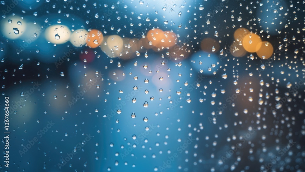 Poster raindrops on blue glass with bokeh street lights creating a moody atmosphere and blurred background 