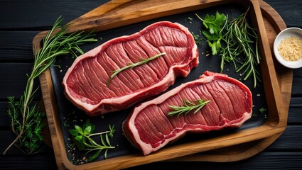 Raw Fillet Mignon Steaks on Wooden Tray Surrounded by Fresh Herbs Over Rustic Black Wooden Background Top View Culinary Presentation