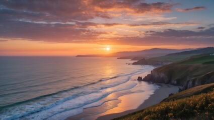 Obraz premium Serene Coastal Sunset Over Tranquil Waves Reflecting Vibrant Sky Colors and Lush Green Cliffs in a Picturesque Landscape