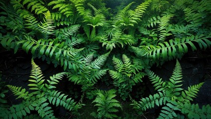Lush Green Ferns in Forest Floor, Tranquil Nature Background for Eco-Friendly Themes and Organic Design Concepts.