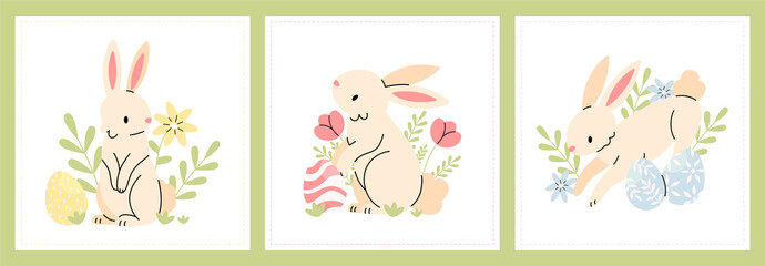 Fototapeta premium Set of Easter postcards posters with a white rabbit, flowers and Easter eggs. illustration template.