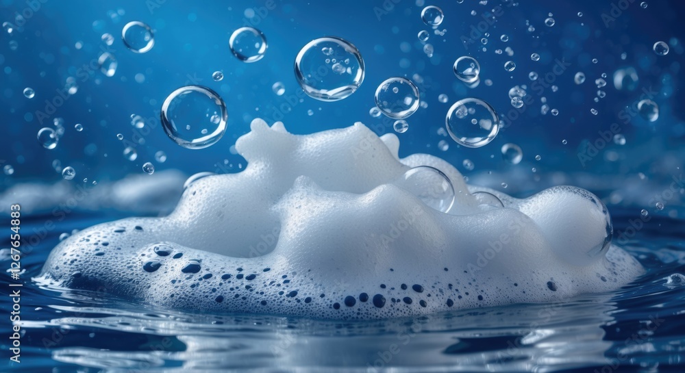 Poster detergent foam and bubbles rising on water surface with soothing blue background creating a clean an