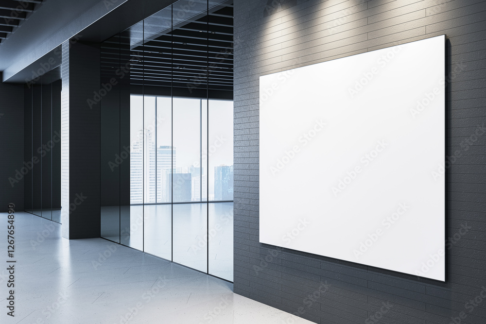 Poster blank white canvas on dark wall in modern office with glass windows. 3d rendering