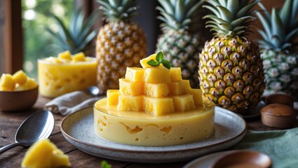 Pineapple Pudding Dessert Displayed on Rustic Table Surrounded by Fresh Pineapples and Decorative Elements