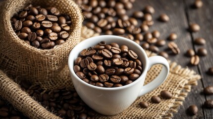 Fototapeta premium Coffee beans in white cup with burlap sack on rustic wooden table natural lighting