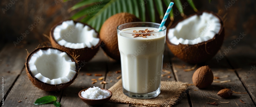 Poster refreshing coconut milk smoothie served in a glass with coconut halves and flakes on a rustic wooden