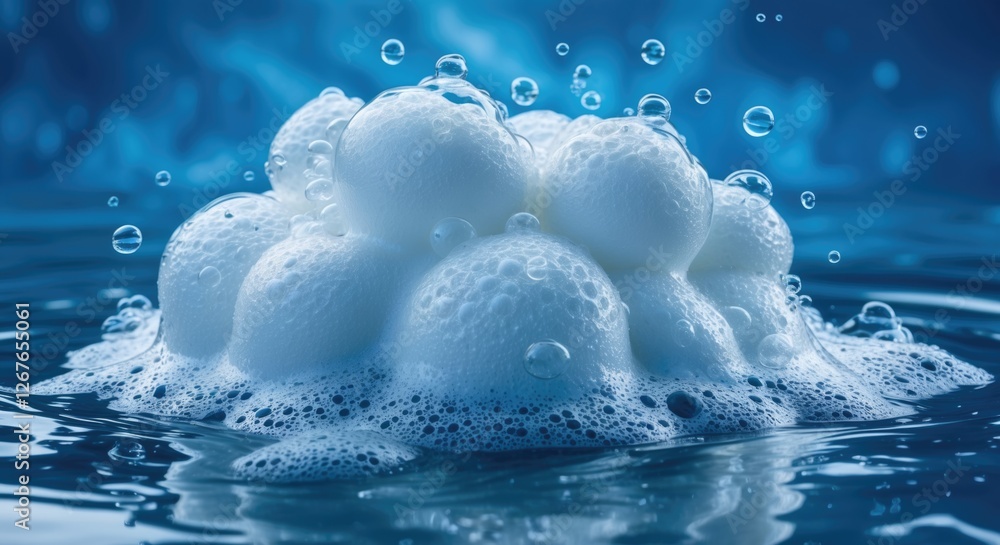 Poster detergent foam bubbles on water surface with a vibrant blue background creating a clean and refreshi