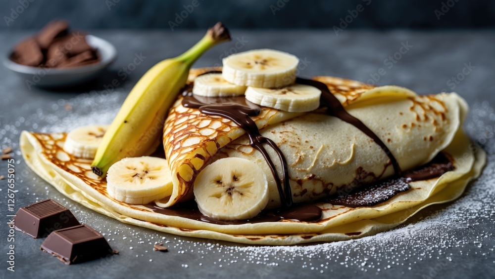 Poster delicious crepes topped with fresh banana slices and dark chocolate on a gray background with empty 