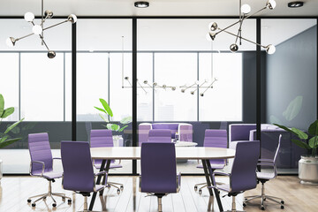 Modern conference room interior with purple chairs and wooden table. 3D Rendering
