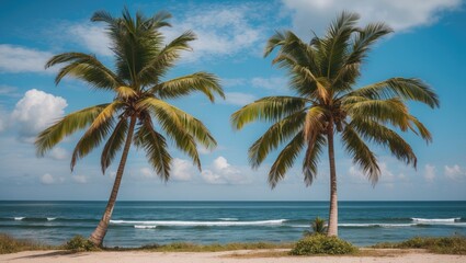 Fototapeta premium Tropical Beach Scene with Coconut Trees and Blue Sky Overlooking Calm Sea Waves
