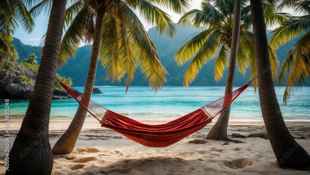 Poster tropical paradise with empty hammock nestled between palm trees overlooking crystal clear waters and