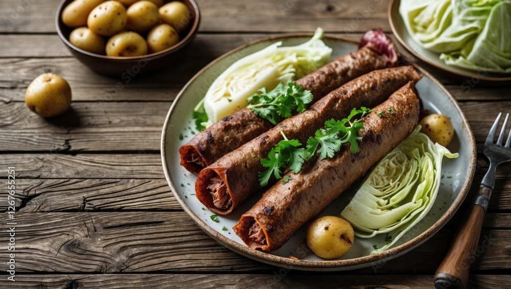 Poster delicious doner kebab and shawarma with rustic potatoes and fresh cabbage on a wooden table with spa
