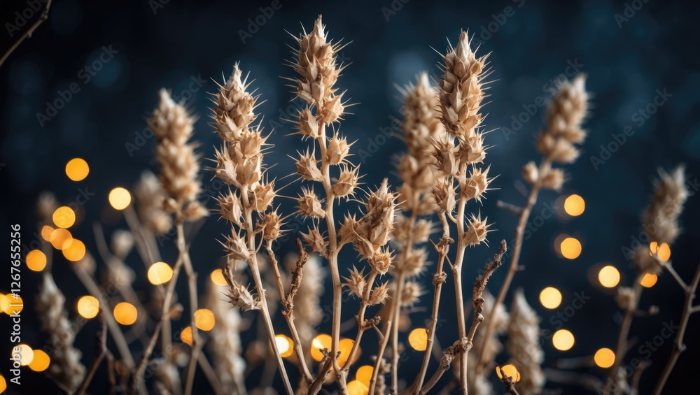 Aufkleber dried thorny plants against a dark background with soft bokeh lights creating an atmospheric and art