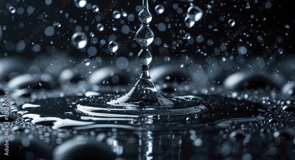 Poster water droplets splashing in dark environment creating dynamic splatter effects on the surface highli