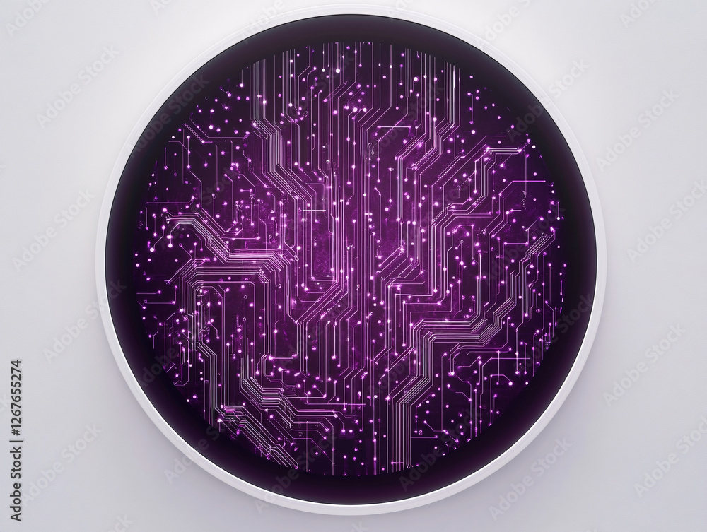 Poster a futuristic circular circuit board with glowing purple pathways and microchip connections represent