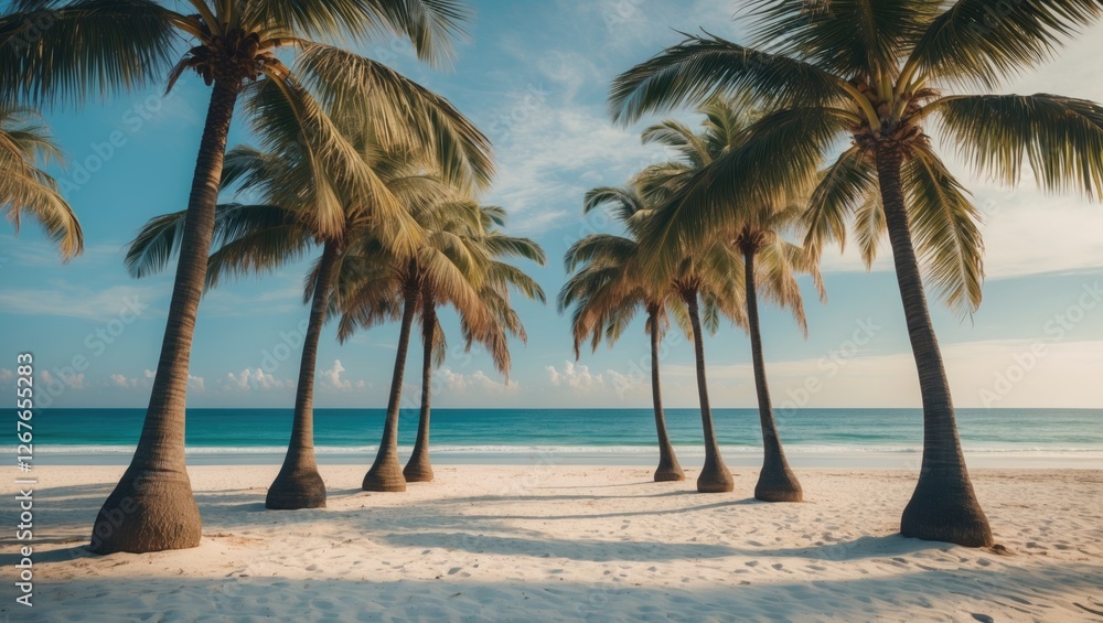 Aufkleber serene beach scene with towering palm trees and tranquil ocean waves ideal for summertime relaxation