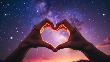 Fototapeta premium Hands forming heart shape with light in starry night backdrop 