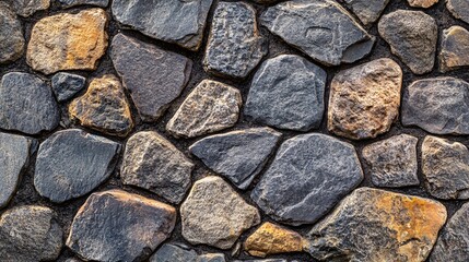 A close-up view of a textured stone wall featuring various shapes and colors of stones, showcasing a natural, rugged appearance.