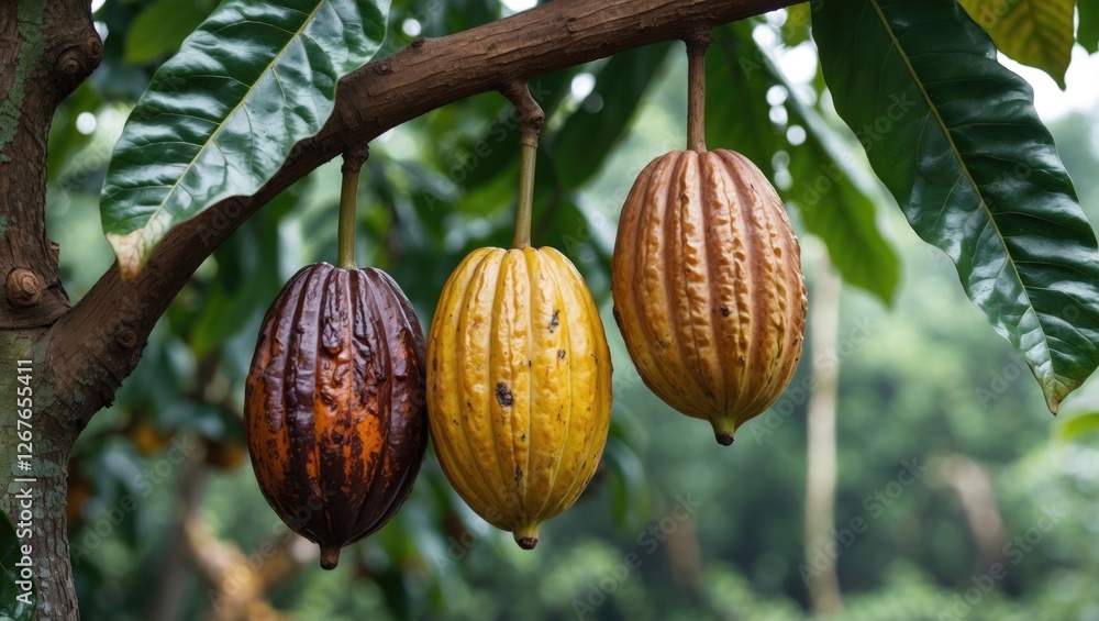 Poster cocoa fruits ripening on tree branch with lush green background and space for text in nature environ