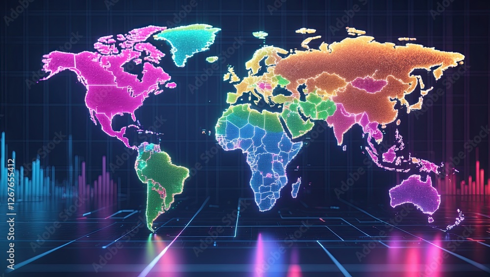 Poster vibrant digital world map illustrating various continents with neon colors and data visualization el