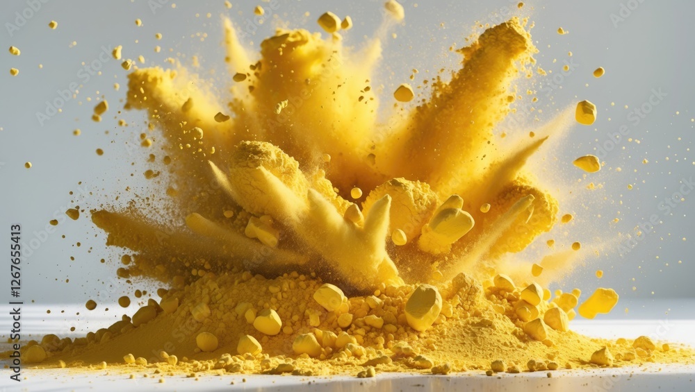 Poster dynamic burst of vibrant yellow powder creating a striking visual effect against a clean white backd
