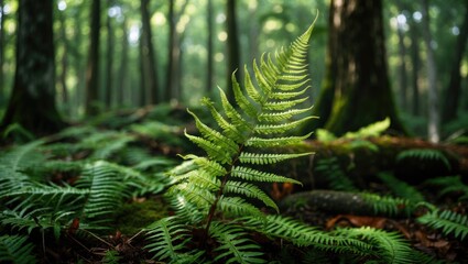 Lush green fern leaf thriving in a tranquil forest environment surrounded by sunlight and dense vegetation.