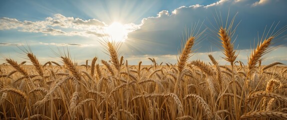Wheat Field at Sundown with Sunbeams and Clouds Creating a Serene Landscape During the Ripening Season of Golden Grain.