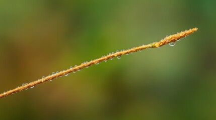 Fototapeta premium Dew drops on a slender, golden-brown plant stem against a blurred green background.