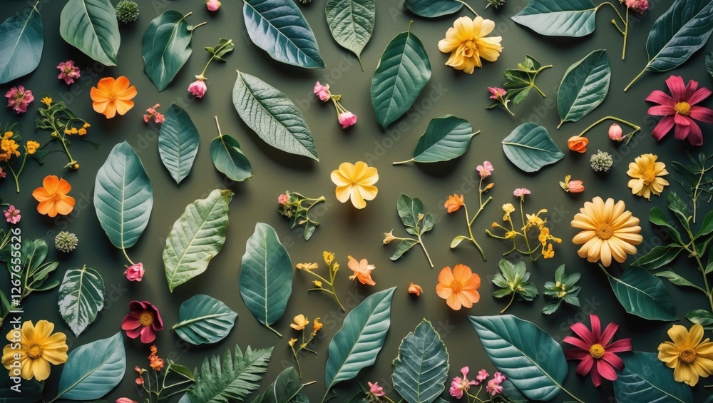 Poster colorful floral and leaf composition on dark background with space for text or graphics in nature an