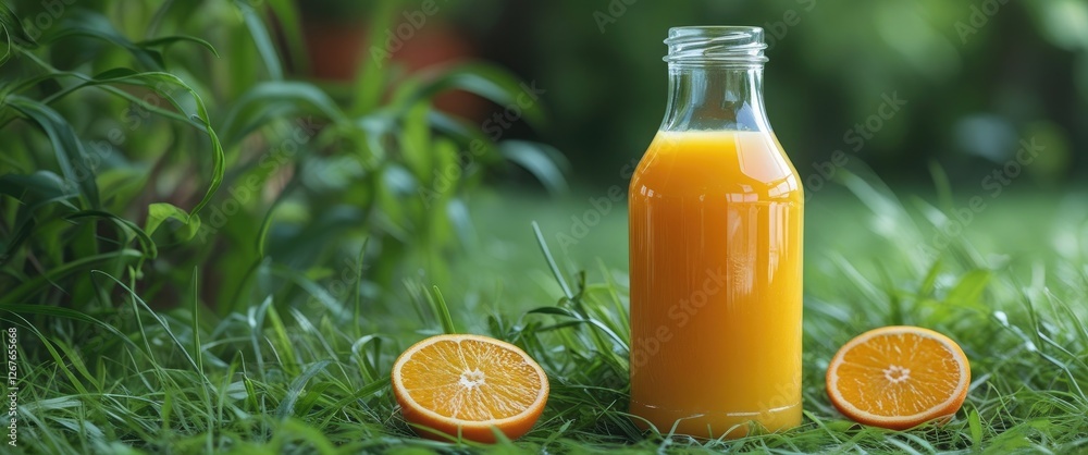 Poster fresh orange juice in a clear bottle surrounded by green grass and sliced oranges with space for tex