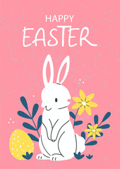 Easter postcard poster with a white rabbit, flowers and Easter eggs and text Happy Easter on a pink background. illustration template.