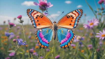 Obraz premium Vibrant Butterfly Displaying Beautiful Colors on a Meadow Surrounded by Wildflowers Under a Bright Blue Sky