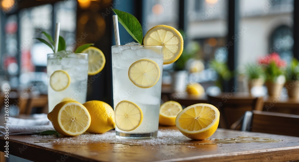 Poster refreshing lemonade beverages on cafe table with fresh lemons and iced drink perfect for hot summer 