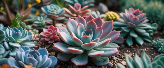Fototapeta premium Vibrant Echeveria Succulents Flourishing in a Lush Garden Setting with Diverse Greenery and Colorful Foliage