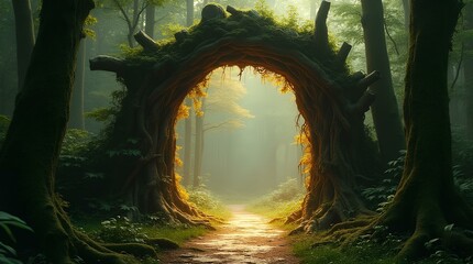 Naklejka premium Spectacular fantasy scene with a portal archway covered in creepers. In the fantasy world, ancient magical stone gate show another dimension. Digital art 3D illustration, window entrance in forest