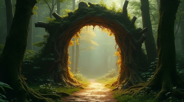 Spectacular fantasy scene with a portal archway covered in creepers. In the fantasy world, ancient magical stone gate show another dimension. Digital art 3D illustration, window entrance in forest