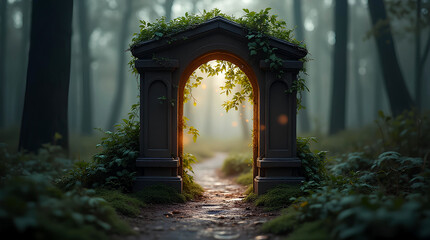 Fototapeta premium Spectacular fantasy scene with a portal archway covered in creepers. In the fantasy world, ancient magical stone gate show another dimension. Digital art 3D illustration, old window entrance in forest