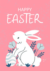 Easter postcard poster with a white rabbit, flowers and Easter eggs and text Happy Easter on a pink background. illustration template.